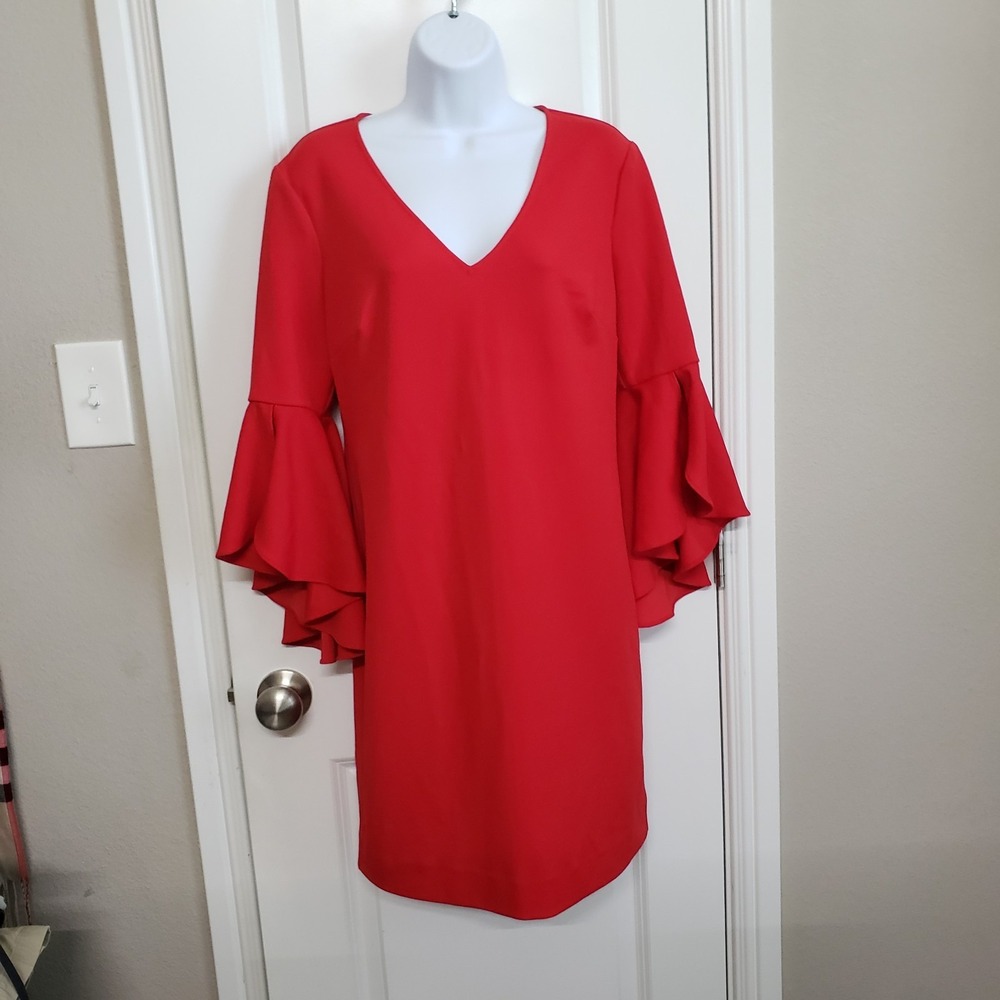 Trina‎ Turk Red Sheath Dress Size 2 Ruffle Bell Sleeves Office Siren